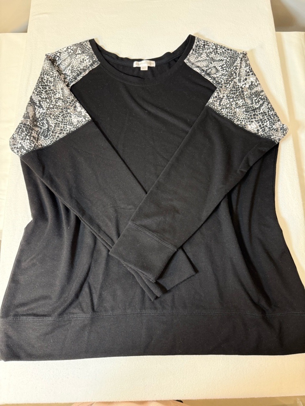 Black Pullover Sweatshirt with Grey Snake-Print Shoulder Panels